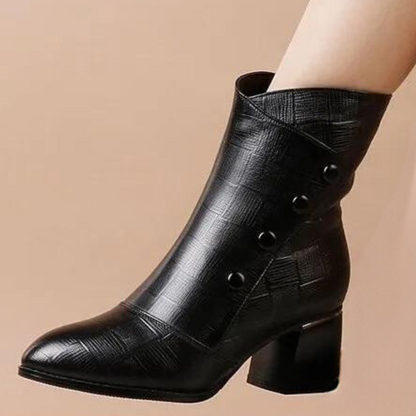 Stylish Ankle Boots - Textured Faux Leather - High Block Heel