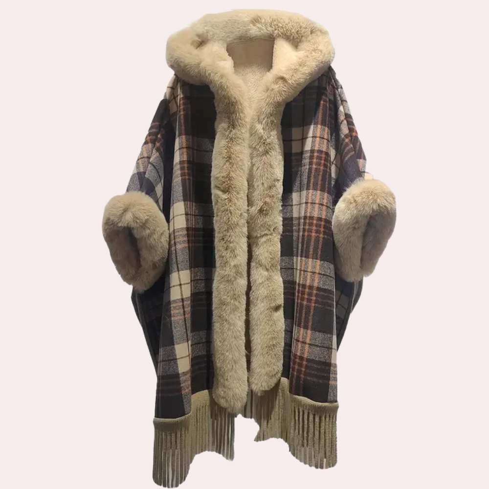 Luxury Poncho Women's Coat with Hood and Faux Fur