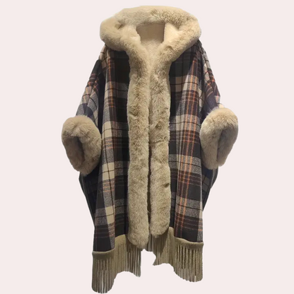 Luxury Poncho Women's Coat with Hood and Faux Fur