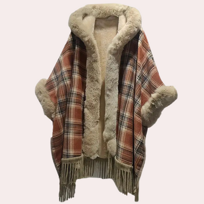 Luxury Poncho Women's Coat with Hood and Faux Fur