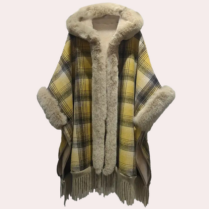 Luxury Poncho Women's Coat with Hood and Faux Fur