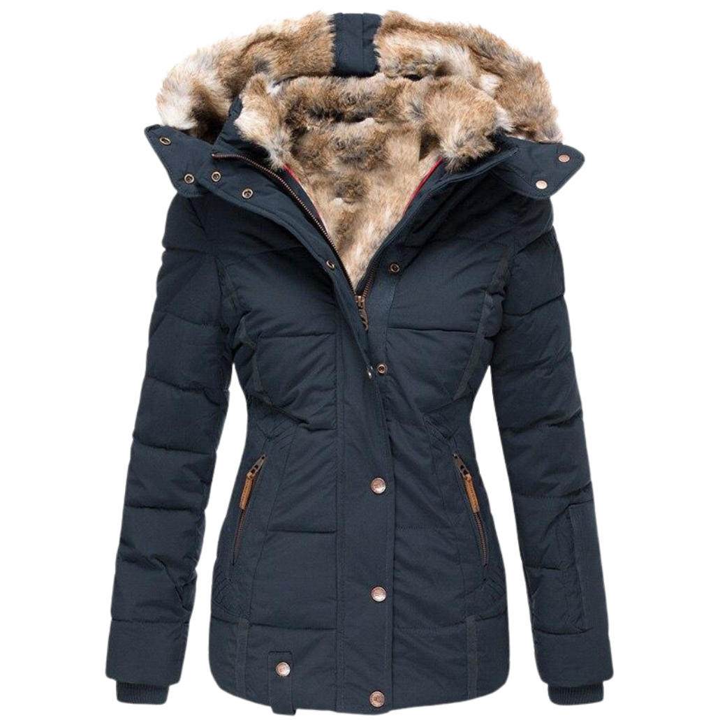 Warm Winter Dress | Women's Coat with Fur Collar and Quilted Seams