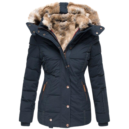 Warm Winter Dress | Women's Coat with Fur Collar and Quilted Seams