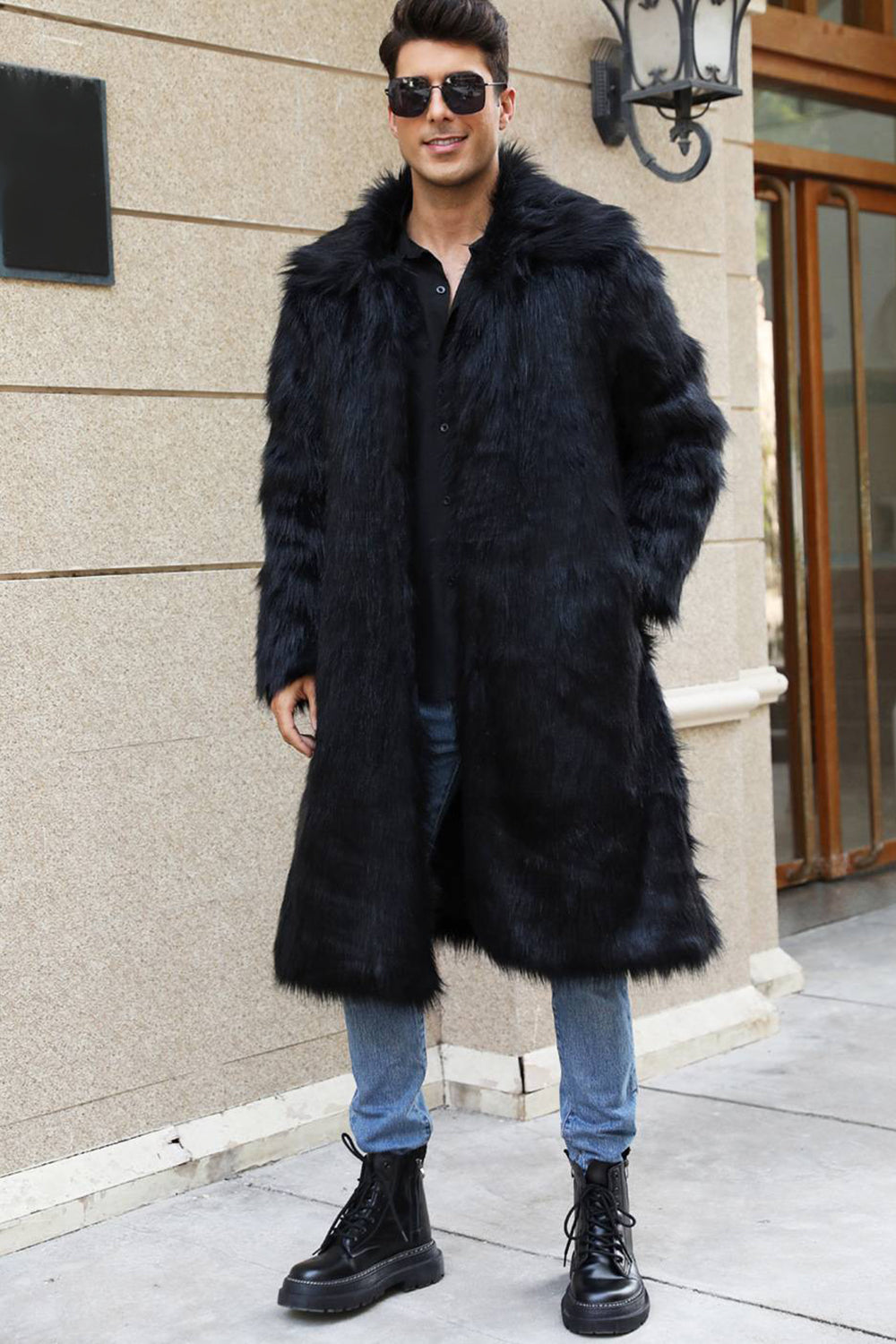 Men's Elegant Black Long Fur Winter Jacket