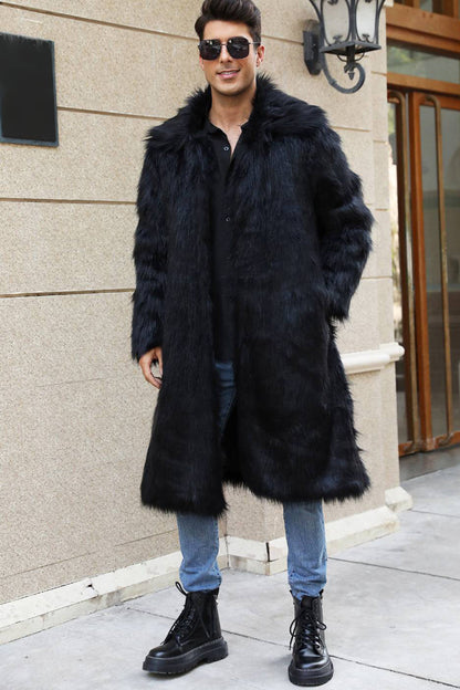 Men's Elegant Black Long Fur Winter Jacket