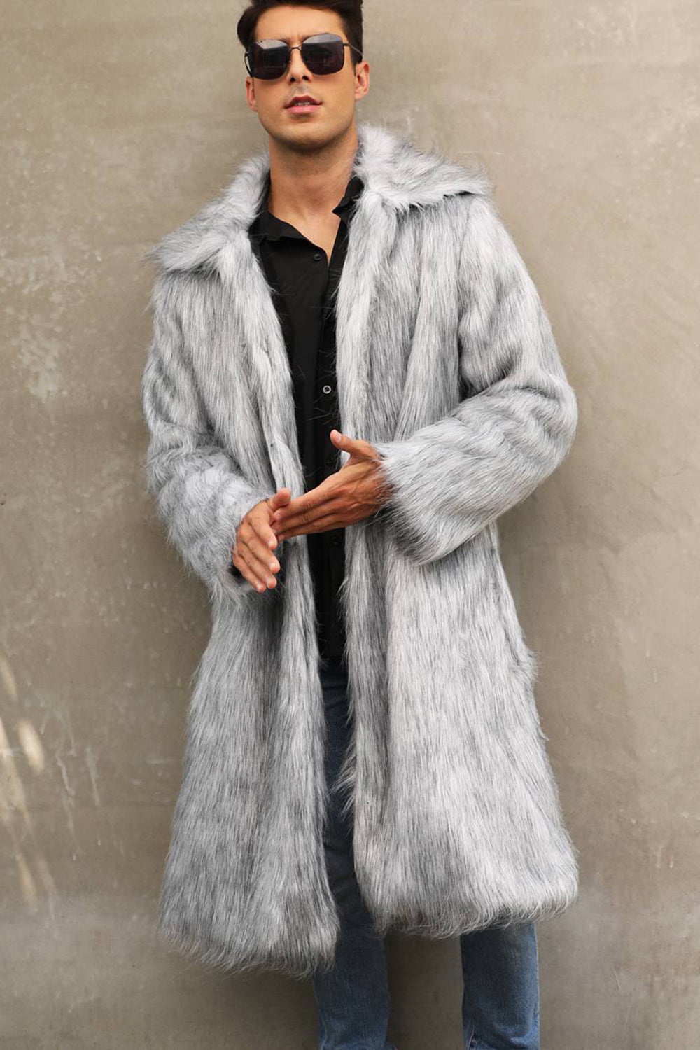 Men's Elegant Black Long Fur Winter Jacket