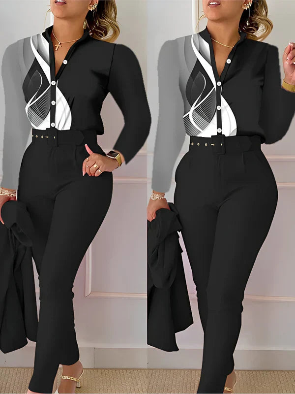 Weibliches Oberteil V-Ausschnitt mit High-Waist-Hose