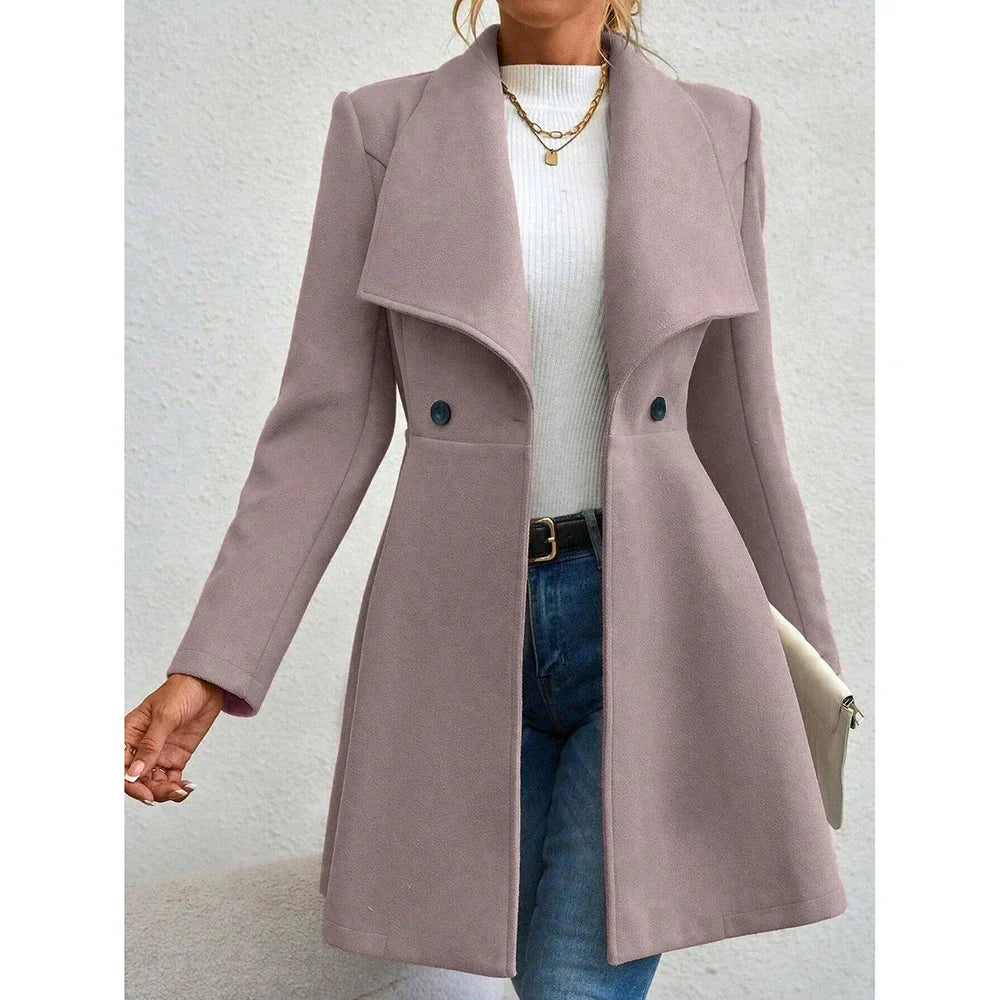 Women's Long Winter Coat Solid Color Elegant Button Closure