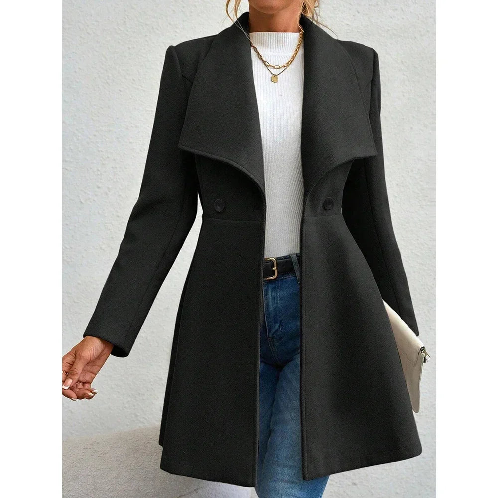 Women's Long Winter Coat Solid Color Elegant Button Closure