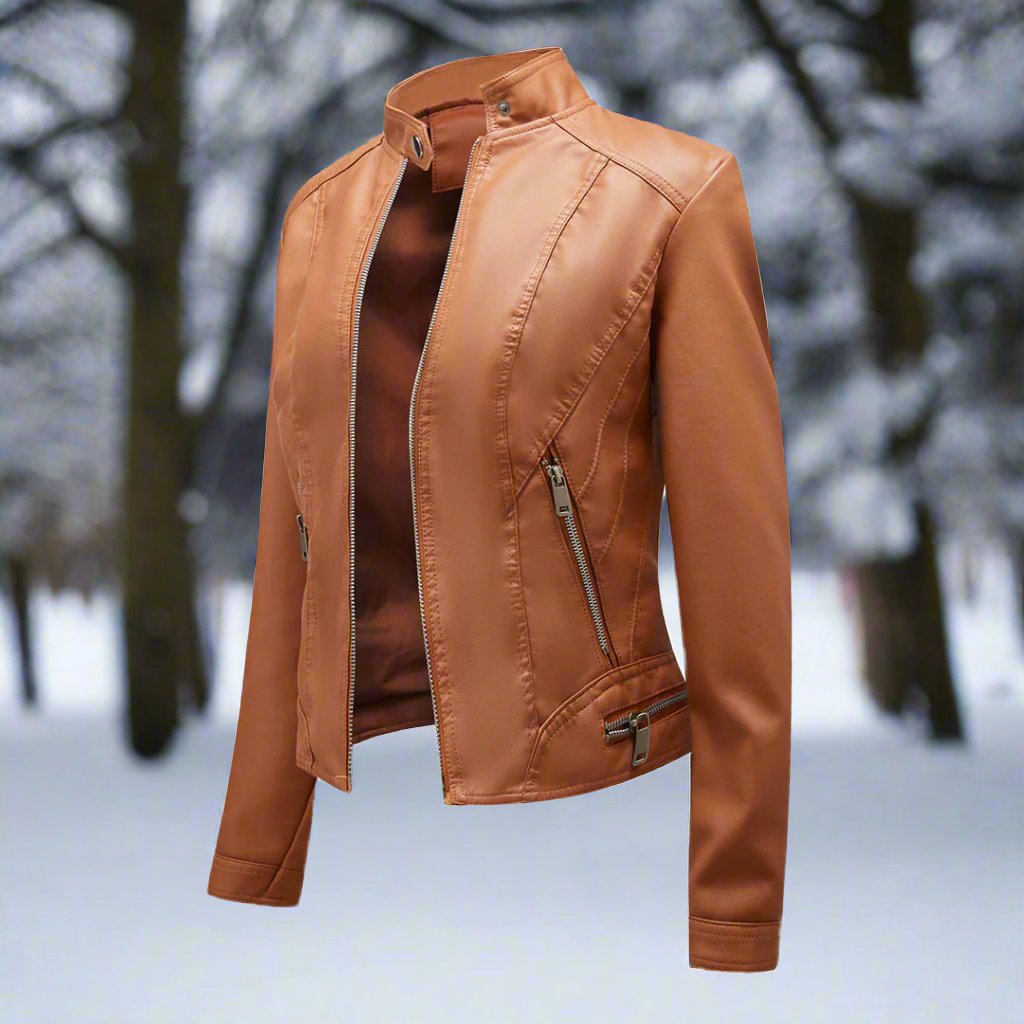 Lederjacke Biker Style Reißverschluss Stehkragen Slim - IdealeKleiden