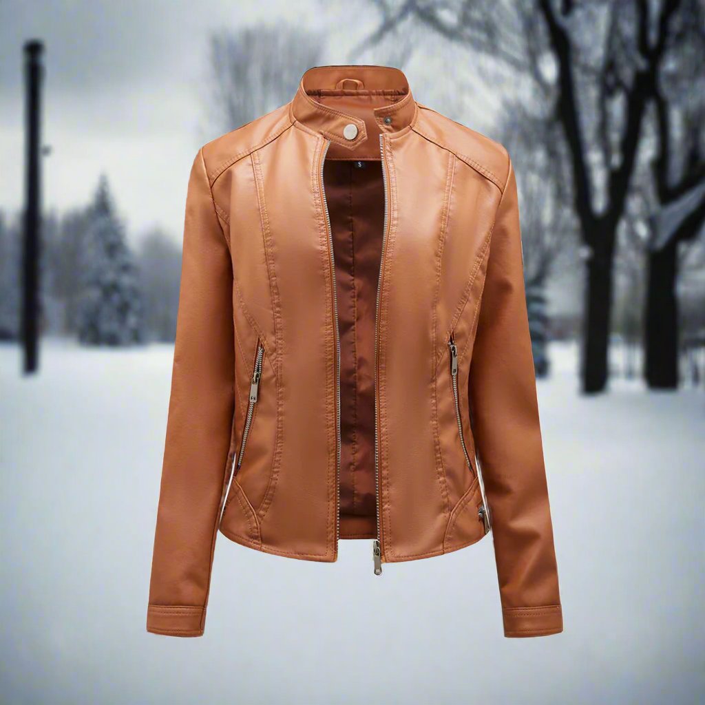 Leather jacket biker style zipper stand-up collar slim