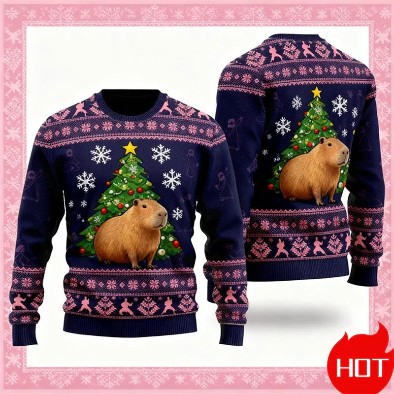 Weihnachtspullover 3D-Grafik Kapibara, Warm & Festlich - IdealeKleiden