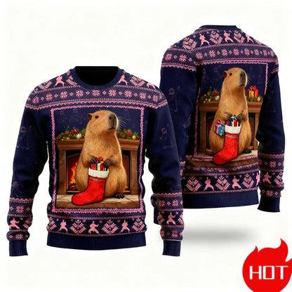 Weihnachtspullover 3D-Grafik Kapibara, Warm & Festlich