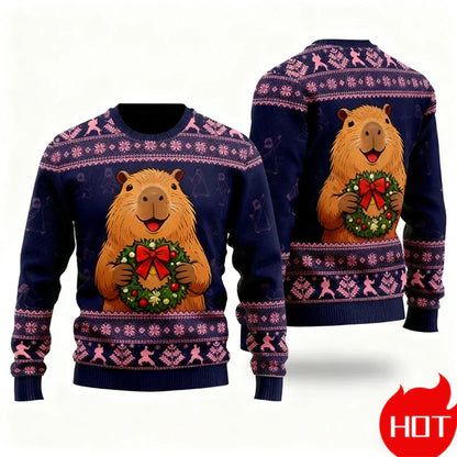 Weihnachtspullover 3D-Grafik Kapibara, Warm & Festlich