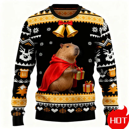 Weihnachtspullover 3D-Grafik Kapibara, Warm & Festlich