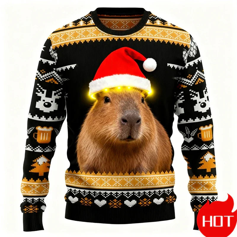 Weihnachtspullover 3D-Grafik Kapibara, Warm & Festlich