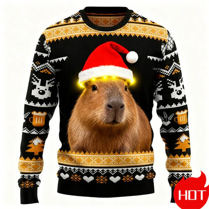Weihnachtspullover 3D-Grafik Kapibara, Warm & Festlich