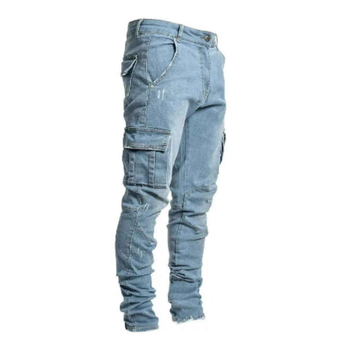 Fashionable Men's Skinny Jeans with Many Pockets