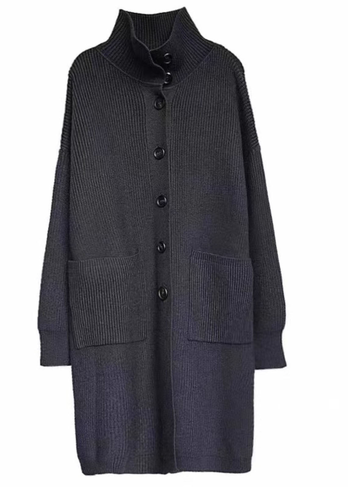 Damen Strickjacke Lang Elegant mit Kragen und Taschen - IdealeKleiden