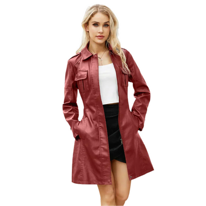 Women's Long Elegant Leather Jacket with Belt