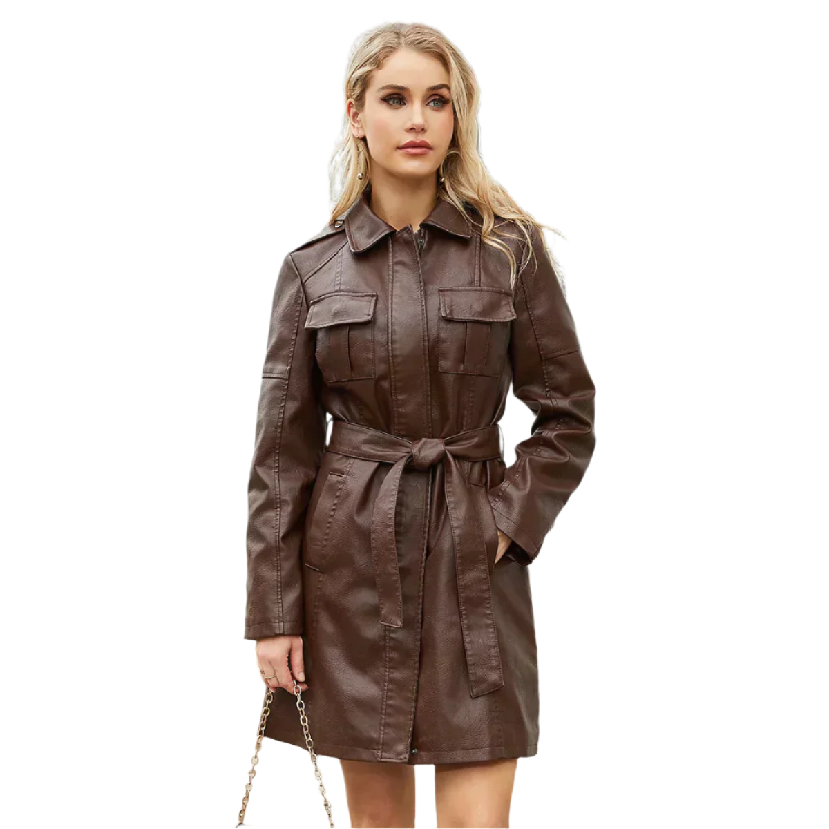 Women's Long Elegant Leather Jacket with Belt