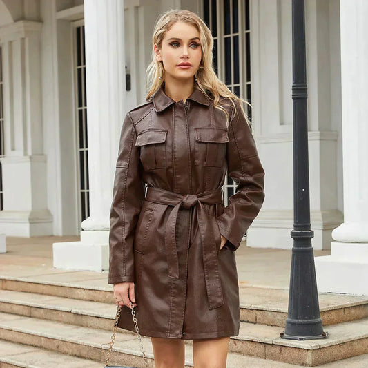 Lederjacke Damen Lang Elegant Gürtel - IdealeKleiden