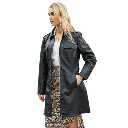 Women's Long Elegant Leather Jacket with Belt