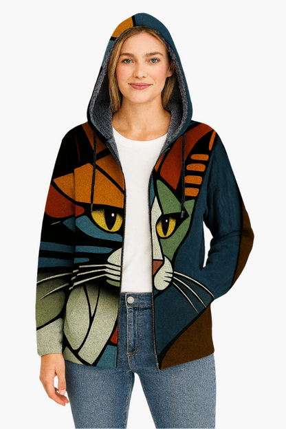 Stylish Hooded Jacket Cat Design