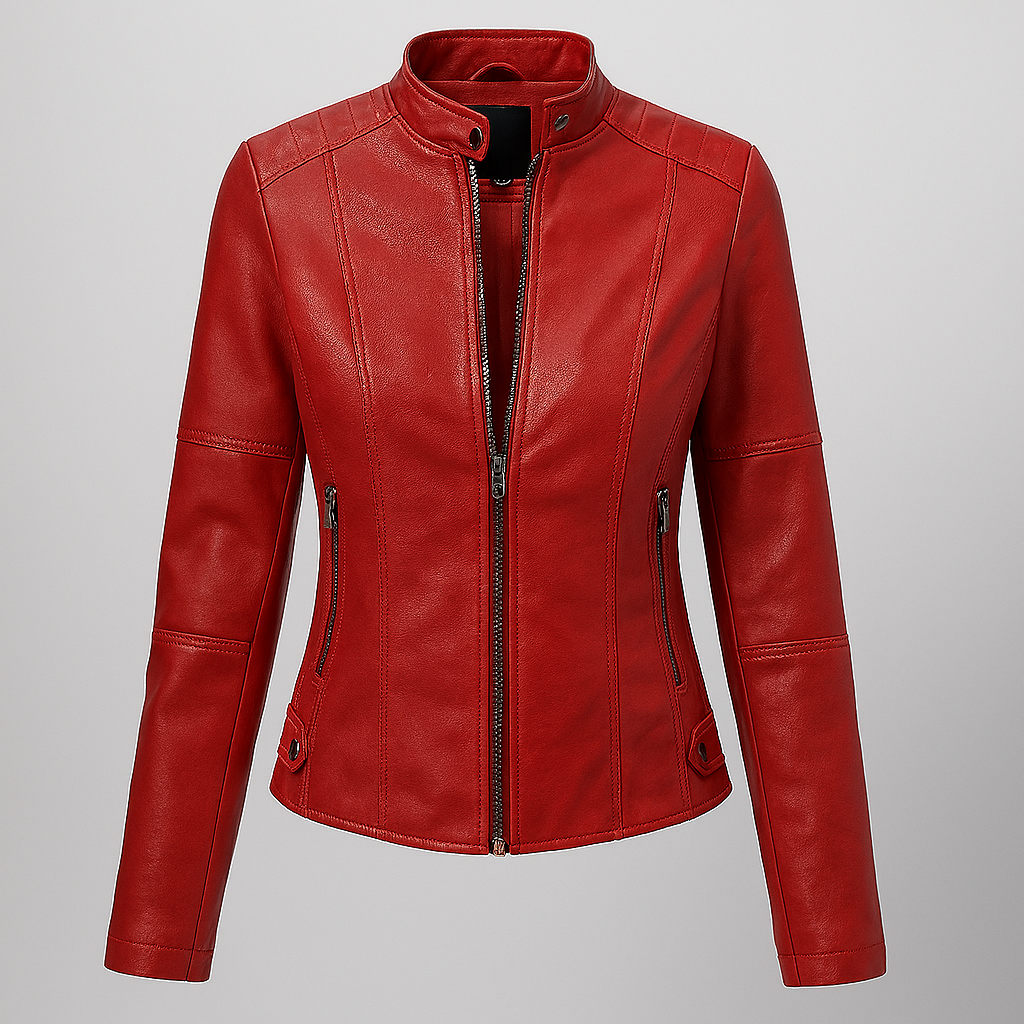 Red Leather Jacket Women's Slim Fit Motorcycle Style