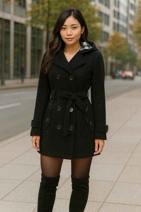 Women's Winter Coat Hood Belt Modern