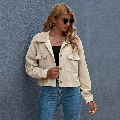 Stylish Cropped Corduroy Jacket With Collar