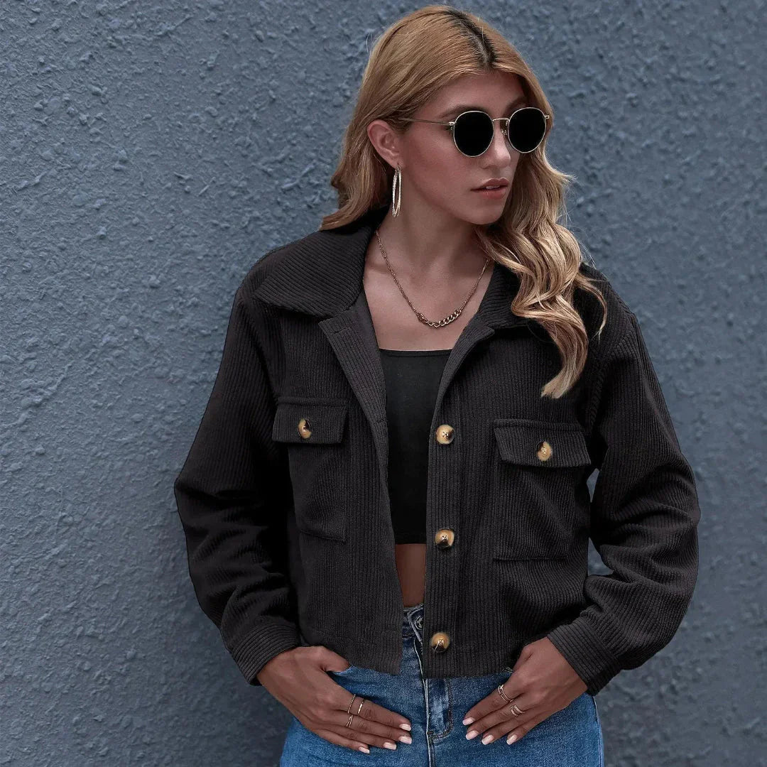 Stylish Cropped Corduroy Jacket With Collar