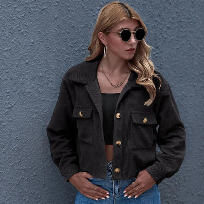 Stylish Cropped Corduroy Jacket With Collar