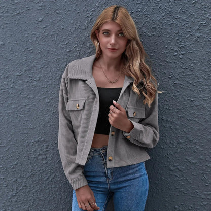 Stylish Cropped Corduroy Jacket With Collar