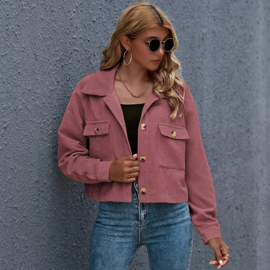 Stylish Cropped Corduroy Jacket With Collar