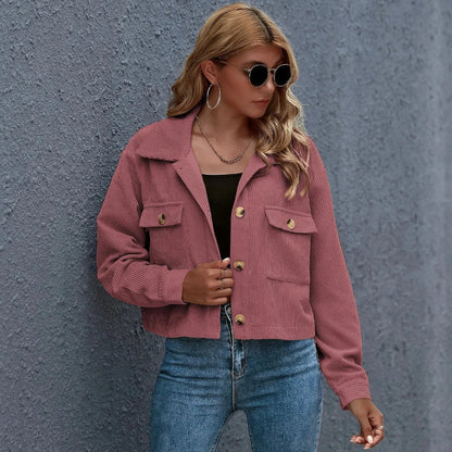 Stylish Cropped Corduroy Jacket With Collar