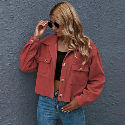 Stylish Cropped Corduroy Jacket With Collar
