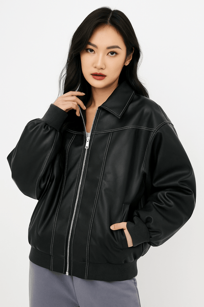 Frauen Ledermantel Große Größen Modern Design - IdealeKleiden