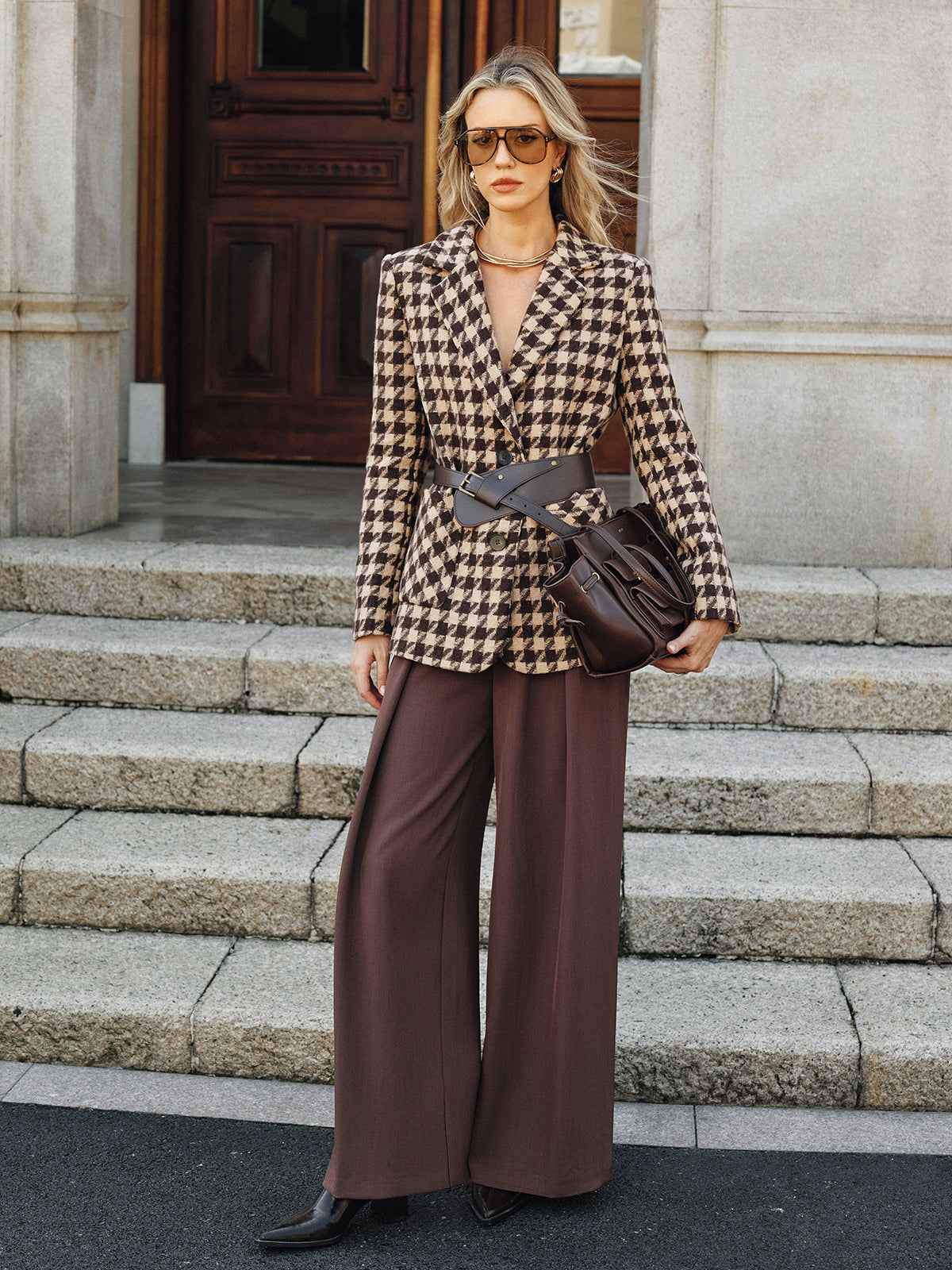 Stylischer Hahnentritt Blazer - Langärmlig mit Gürtel Detail