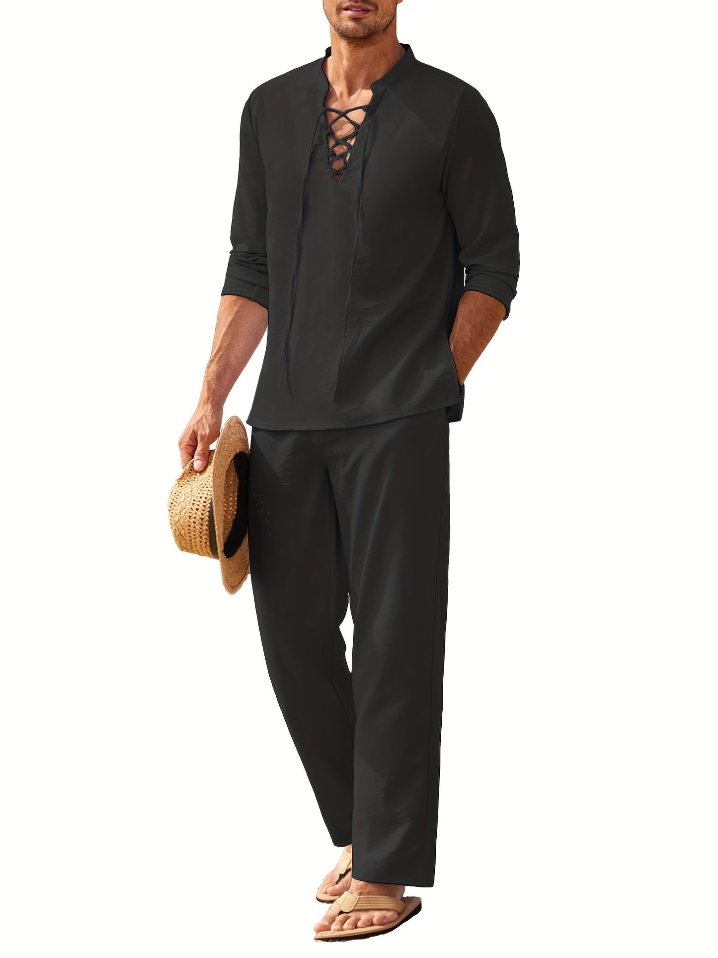 Linen Suit Set Summer Men Long Sleeve