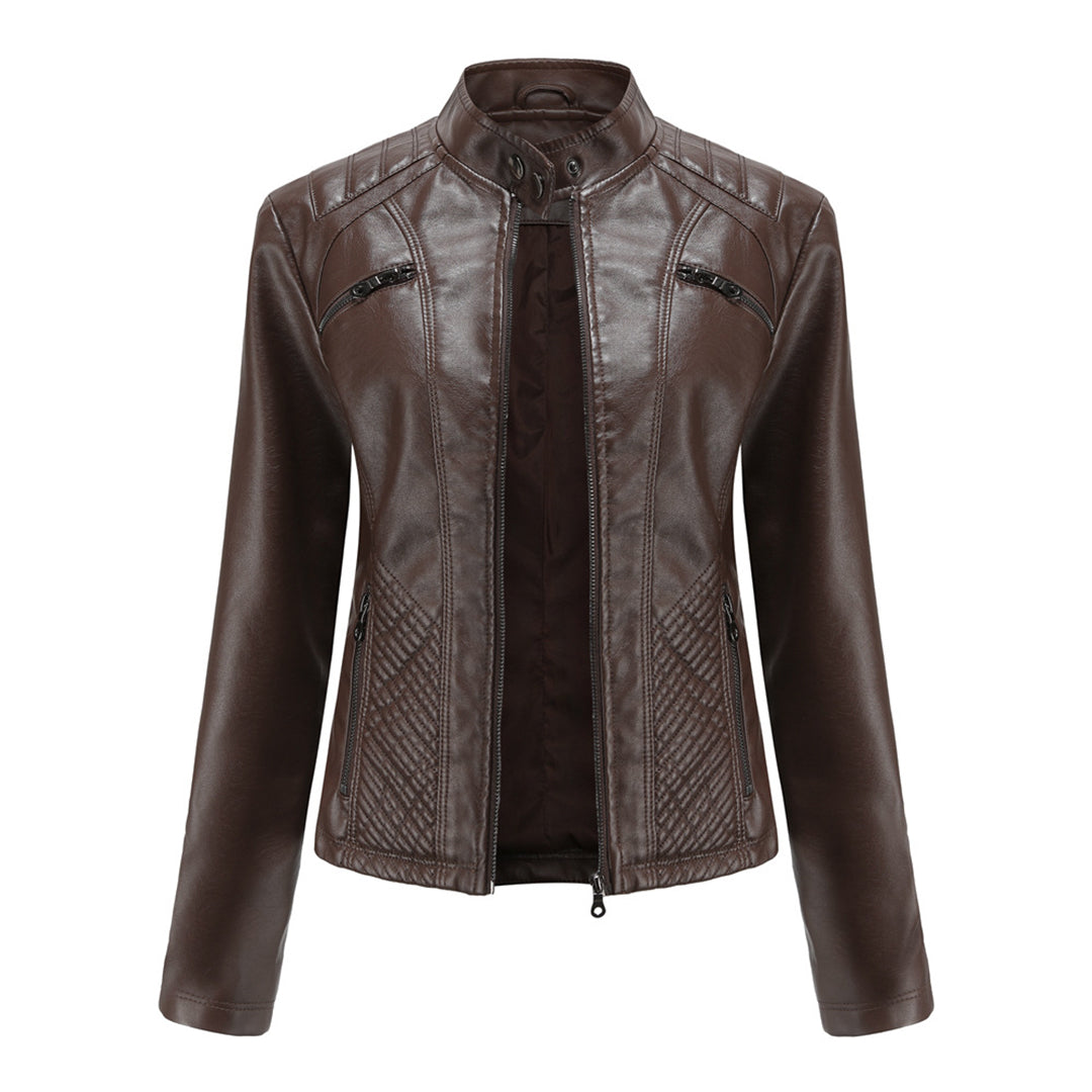 Leather jacket biker style stand-up collar ribbed look