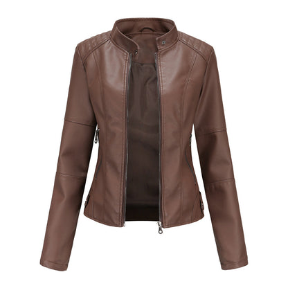 Leather jacket biker style stand-up collar