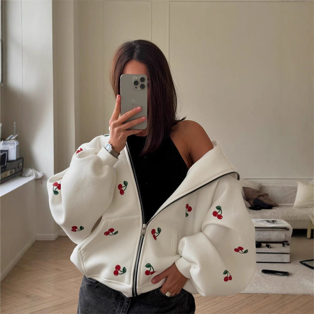 Damen Sweatshirt Kapuze Kirschmuster Trendy - IdealeKleiden