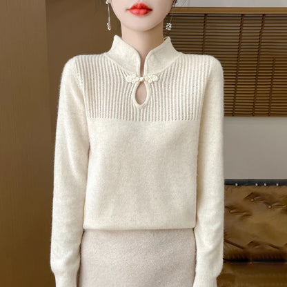 Merinowoll Kleid Elegant Mandarin Kragen