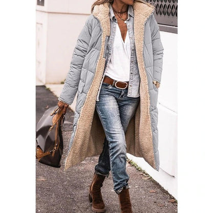 Reversible Women's Long Hooded Fleece Puffer Coat