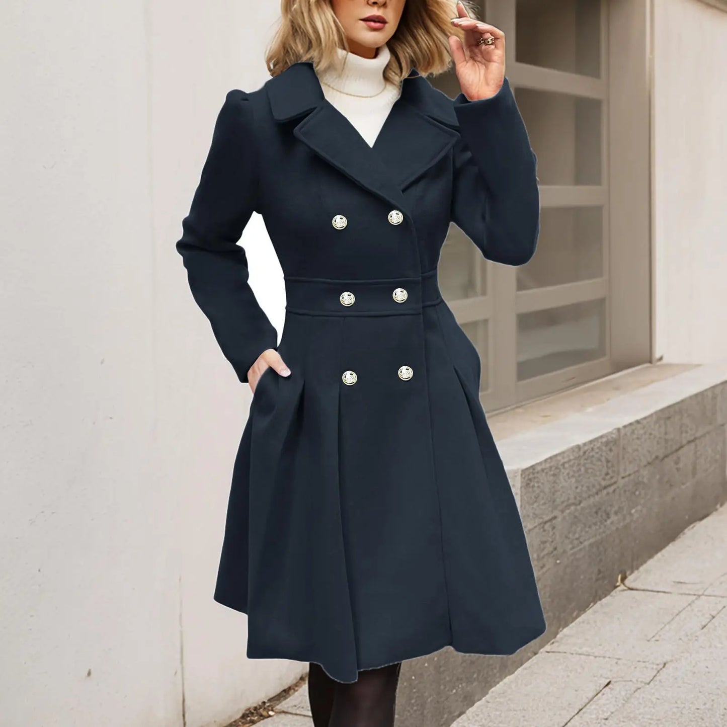 Elegant Ladies' Winter Coat Double-Breasted Gold Buttons
