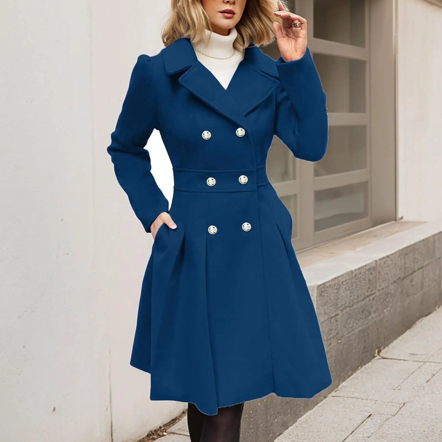 Elegant Ladies' Winter Coat Double-Breasted Gold Buttons