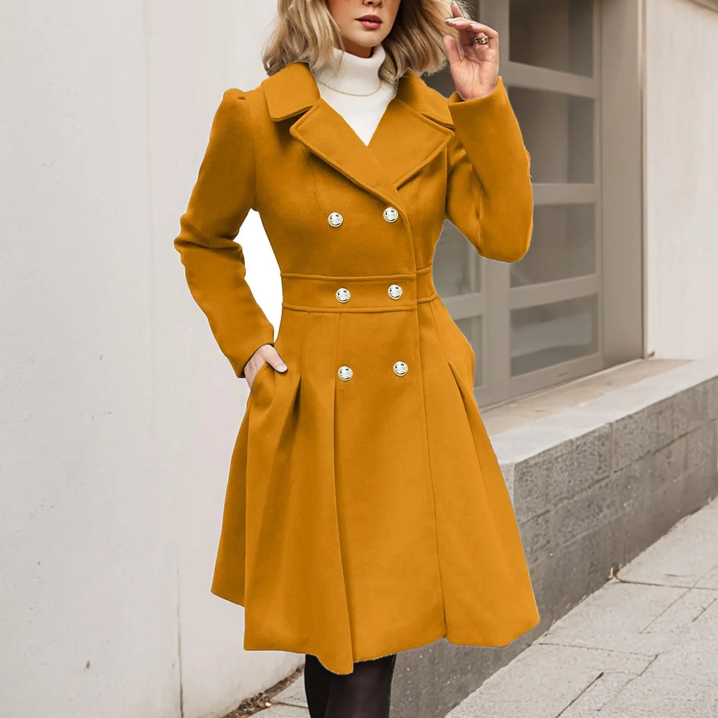 Elegant Ladies' Winter Coat Double-Breasted Gold Buttons