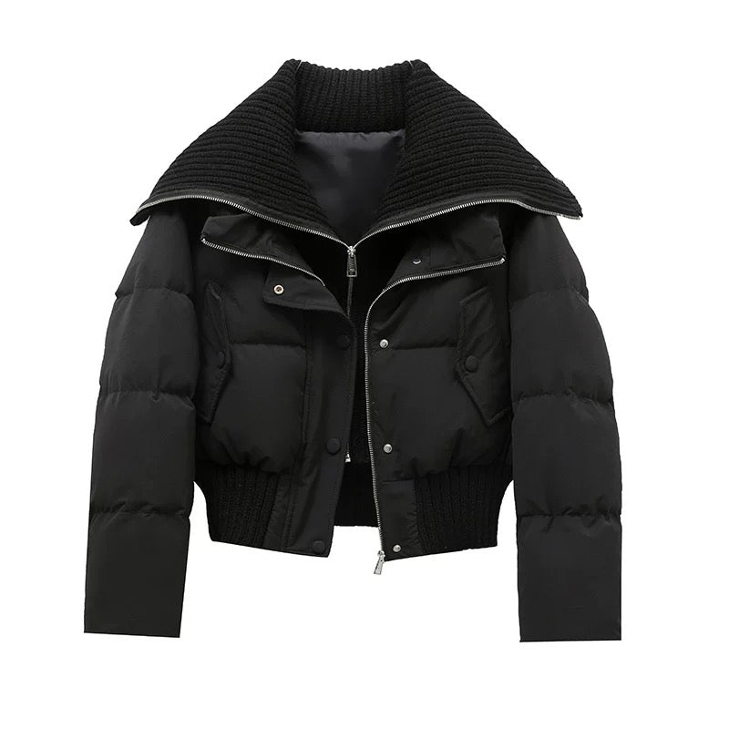 Women's Short Puffer Jacket Warm Padded Ribbed Collar