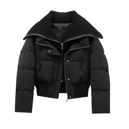 Women's Short Puffer Jacket Warm Padded Ribbed Collar